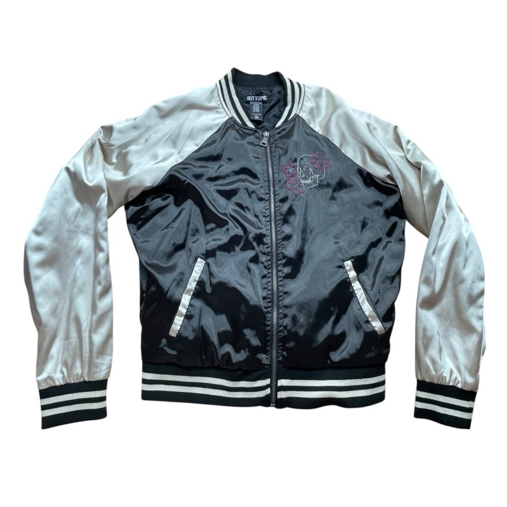 Hot Topic Embroidered Skull Satin Bomber Jacket - Black & Ivory - Picture 12 of 15